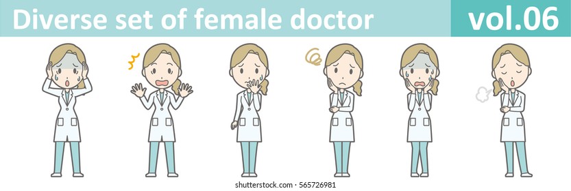 Diverse set of female doctor , EPS10 vector format vol.06 (Illustrations of various poses of a young female doctor wearing a white coat and a green scrub)