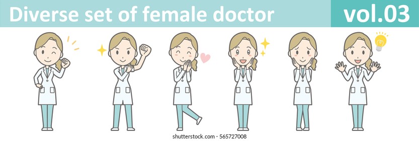 Diverse set of female doctor , EPS10 vector format vol.03 (Illustrations of various poses of a young female doctor wearing a white coat and a green scrub)