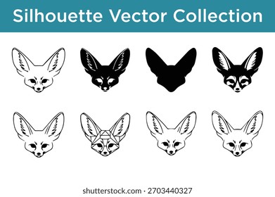 A diverse set of fennec fox head silhouettes and vector outlines, perfect for graphic design elements.