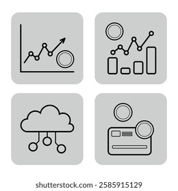 Diverse set of finance-related icons with upward trends, bar charts, cloud storage, and credit card elements. Financial data and analysis concept