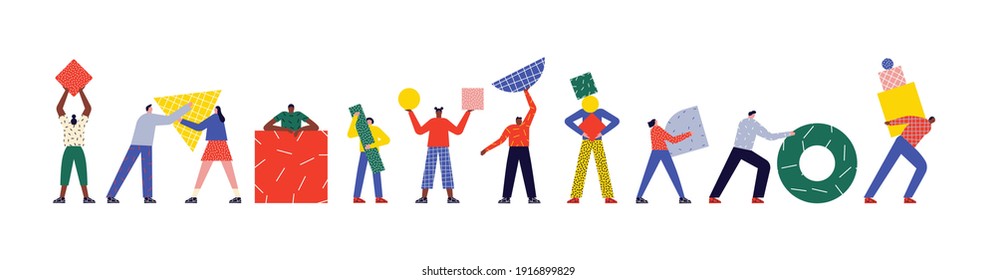 Diverse set of flat cartoon people with colorful geometric shapes on isolated background. Man and woman character bundle doing organization task, business partnership or teamwork activity concepts. - Shutterstock ID 1916899829