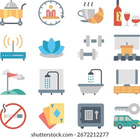 Um conjunto diversificado de ícones de design plano que representam vários conceitos de negócios, incluindo saúde, estratégia, finanças, comércio eletrônico, tecnologia e serviços on-line, perfeito para o desenvolvimento da Web e de aplicativos.