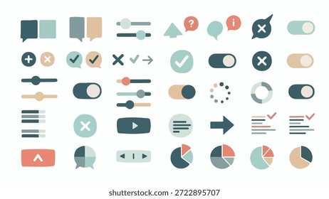 Ein vielfältiges Set von flachen Design-Symbolen und UI-Elementen, einschließlich Umschalt-Schieberegler Checkboxen und Diagramme für Web- und App-Schnittstellen