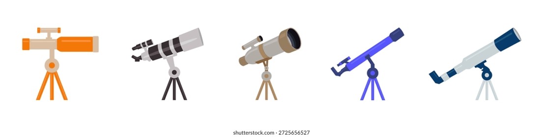 Un conjunto diverso de telescopios de diseño plano en trípodes, ideal para astronomía, ciencia o proyectos educativos. Ilustraciones vectoriales modernas que representan el equipo de observación espacial.
