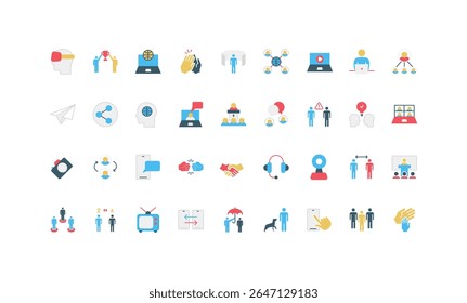 A diverse set of flat icons illustrating various communication methods and concepts, including digital, interpersonal, and virtual interactions, designed in a minimalist style vector illustration