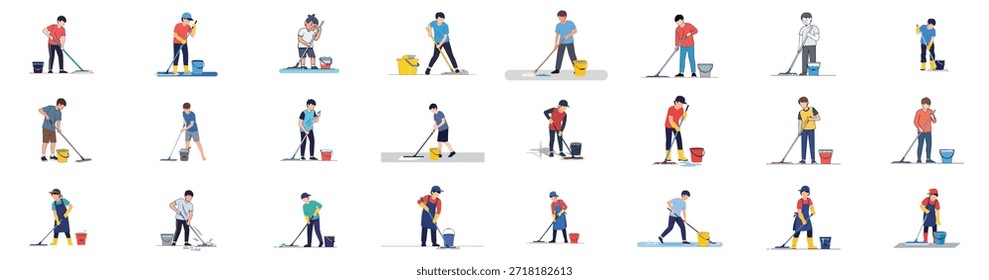 Diversos conjuntos de ilustrações planas que mostram homens e profissionais que realizam limpeza no chão e tarefas de limpeza com baldes e ferramentas de limpeza.