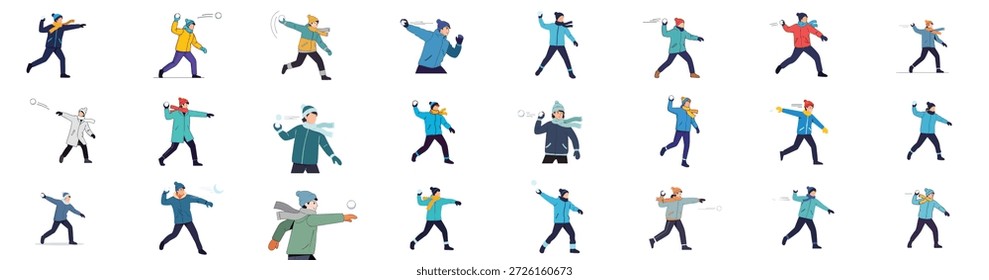 Conjunto diverso de ilustraciones planas que muestran a personas lanzando bolas de nieve con entusiasmo durante un divertido juego de invierno o una pelea de bolas de nieve.
