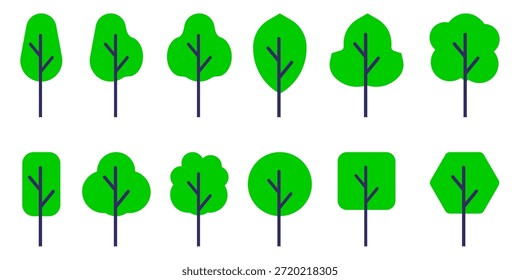 Un conjunto diverso de íconos de árboles de Vector minimalistas planos con doseles verdes y troncos oscuros. Incluye varias Formas como oval, redondo, cuadrado, hoja y hexagonal, perfecto para el medio ambiente y la...