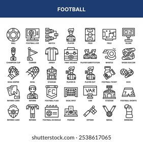 A diverse set of football icons including equipment, players, actions, and strategies, illustrating different facets of football.