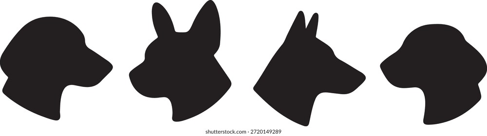 A diverse set of four black dog head silhouettes representing various breeds, perfect for pet grooming, veterinary care, and dog training logos.