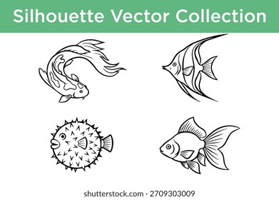 Un conjunto diverso de cuatro siluetas de peces, incluyendo koi, pez ángel, pez globo y pez dorado, en un estilo de Vector limpio.