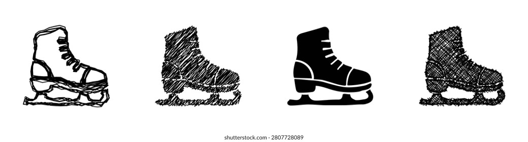 A diverse set of four ice skate illustrations showcasing various artistic techniques and visual effects for winter sports