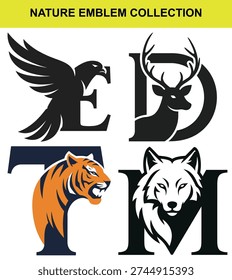 A diverse set of four nature inspired initial logos featuring an eagle, deer, tiger, and wolf integrated with their respective first letters.