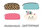Diverse set of four pencil cases featuring varied designs, including leopard print, polka dots, plain pink, and a cute cat face.