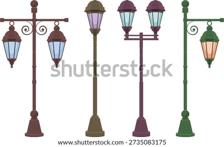 A diverse set of four stylized street lamp illustrations showcases various designs, colors, and lantern configurations. These outdoor lighting fixtures feature glowing, colorful glass panels, perfect for urban scene enhancements or historical design projects needing classic illumination elements.