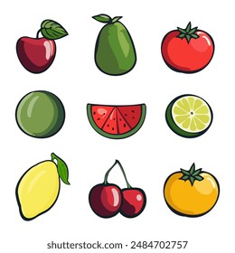Diverse set of fruits and vegetables on a solid background. Ideal for kitchen decor, healthy lifestyle designs, and culinary-themed projects.