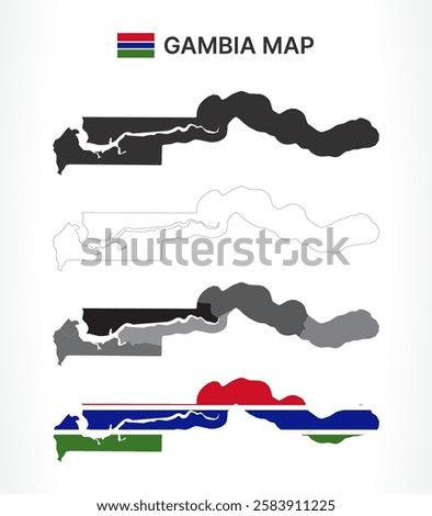 A diverse set of Gambia maps, including a black silhouette, detailed outline, political division map with regions, and a flag-themed version, ideal for educational and design purposes