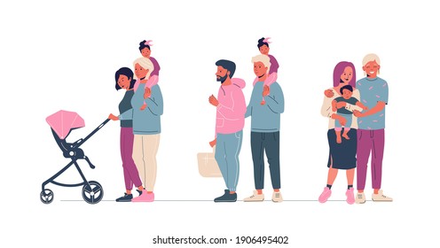 Diverse Set Of Gay, Lesbian And Transgender Couples. International Homosexual Family Whith Baby. Cartoon Flat Vector Illustration.