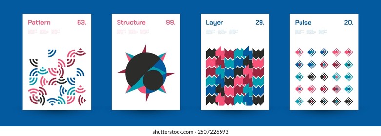 Diverse Set of Geometric Patterns: Wide Range of Symmetrical Geometric Shapes and Repeating Forms. Abstract Mosaic Poster Background. Vector Illustration.