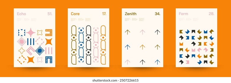 Diverse Set of Geometric Patterns: Wide Range of Symmetrical Geometric Shapes and Repeating Forms. Abstract Mosaic Poster Background. Vector Illustration.
