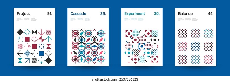 Diverse Set of Geometric Patterns: Wide Range of Symmetrical Geometric Shapes and Repeating Forms. Abstract Mosaic Poster Background. Vector Illustration.