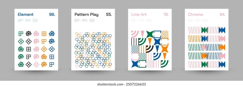 Diverse Set of Geometric Patterns: Wide Range of Symmetrical Geometric Shapes and Repeating Forms. Abstract Mosaic Poster Background. Vector Illustration.