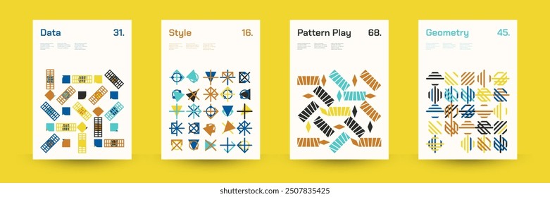 Diverse Set of Geometric Patterns: Wide Range of Symmetrical Geometric Shapes and Repeating Forms. Abstract Mosaic Poster Background. Vector Illustration.