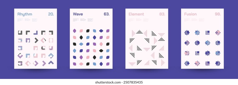 Diverse Set of Geometric Patterns: Wide Range of Symmetrical Geometric Shapes and Repeating Forms. Abstract Mosaic Poster Background. Vector Illustration.
