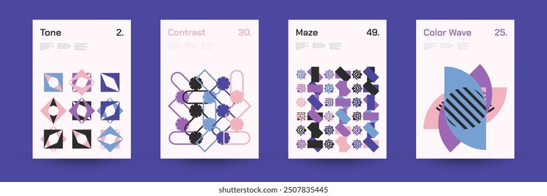 Diverse Set of Geometric Patterns: Wide Range of Symmetrical Geometric Shapes and Repeating Forms. Abstract Mosaic Poster Background. Vector Illustration.