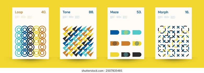 Verschiedene geometrische Muster: Breite Palette symmetrischer geometrischer Formen und sich wiederholender Formen. Abstrakter Mosaik-Poster-Hintergrund. Vektorgrafik.