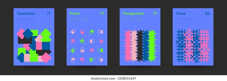 Conjunto Diverso de Padrões Geométricos: Ampla Gama de Formas Geométricas Simétricas e Formas Repetitivas. Fundo Abstrato do Pôster de Mosaico. Ilustração de vetor.