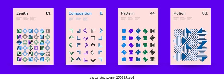 Diverse Set of Geometric Patterns: Wide Range of Symmetrical Geometric Shapes and Repeating Forms. Abstract Mosaic Poster Background. Vector Illustration.