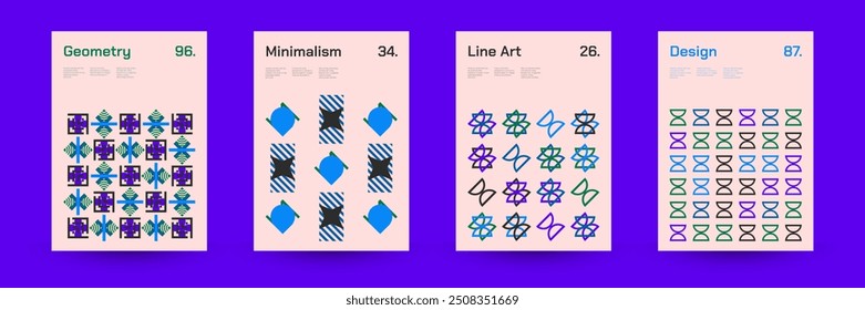 Diverse Set of Geometric Patterns: Wide Range of Symmetrical Geometric Shapes and Repeating Forms. Abstract Mosaic Poster Background. Vector Illustration.