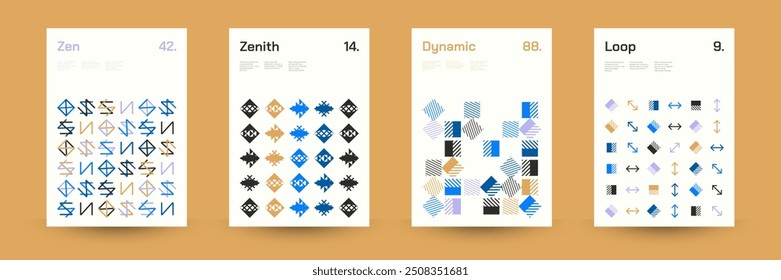 Conjunto Diverso de Padrões Geométricos: Ampla Gama de Formas Geométricas Simétricas e Formas Repetitivas. Fundo Abstrato do Pôster de Mosaico. Ilustração de vetor.