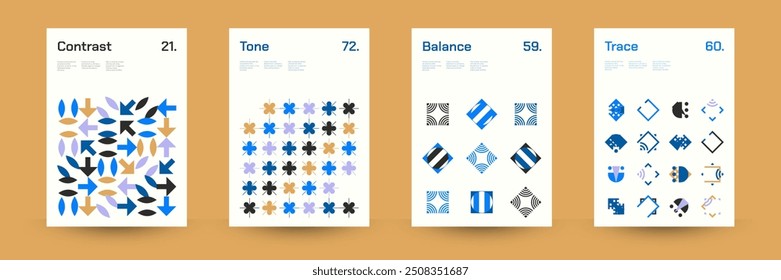 Diverse Set of Geometric Patterns: Wide Range of Symmetrical Geometric Shapes and Repeating Forms. Abstract Mosaic Poster Background. Vector Illustration.
