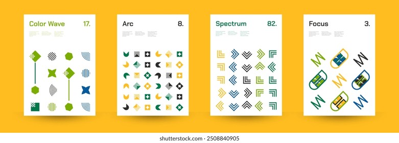 Conjunto Diverso de Padrões Geométricos: Ampla Gama de Formas Geométricas Simétricas e Formas Repetitivas. Fundo Abstrato do Pôster de Mosaico. Ilustração de vetor.