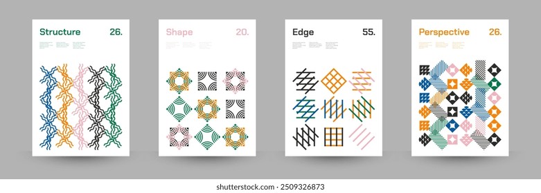 Diverse Set of Geometric Patterns: Wide Range of Symmetrical Geometric Shapes and Repeating Forms. Abstract Mosaic Poster Background. Vector Illustration.