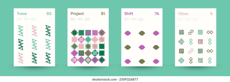 Diverse Set of Geometric Patterns: Wide Range of Symmetrical Geometric Shapes and Repeating Forms. Abstract Mosaic Poster Background. Vector Illustration.