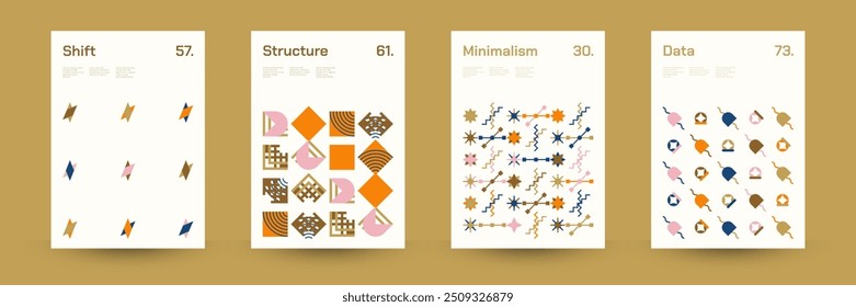 Verschiedene geometrische Muster: Breite Palette symmetrischer geometrischer Formen und sich wiederholender Formen. Abstrakter Mosaik-Poster-Hintergrund. Vektorgrafik.