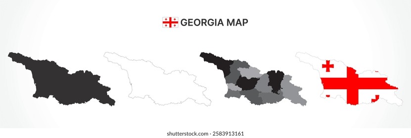 A diverse set of Georgia maps, including a black silhouette, detailed outline, political division map with regions, and a flag-themed version, ideal for educational and design purposes