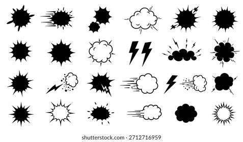 Um conjunto diversificado de elementos gráficos que retratam explosões em estilo de quadrinhos, linhas de velocidade e efeitos sonoros, renderizados em preto e branco.