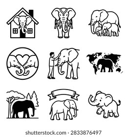 A diverse set of graphic representations of elephants, including family groups, single animals, and symbolic imagery.