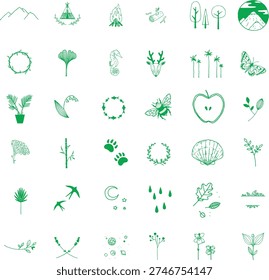 A diverse set of green handdrawn icons featuring nature and outdoor elements isolated