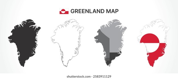 A diverse set of Greenland maps, including a black silhouette, detailed outline, political division map with municipalities, and a flag-themed version, ideal for educational and design purposes