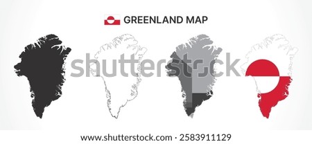 A diverse set of Greenland maps, including a black silhouette, detailed outline, political division map with municipalities, and a flag-themed version, ideal for educational and design purposes