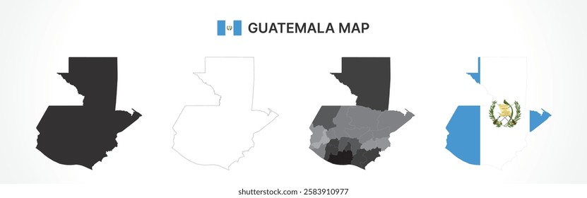 A diverse set of Guatemala maps, including a black silhouette, detailed outline, political division map with departments, and a flag-themed version, ideal for educational and design purposes