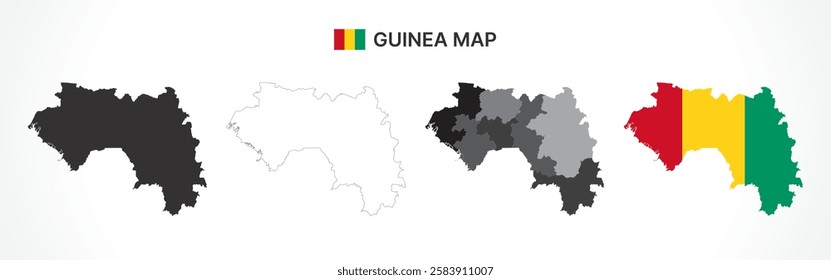 A diverse set of Guinea maps, including a black silhouette, detailed outline, political division map with regions, and a flag-themed version, ideal for educational and design purposes