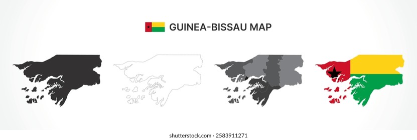 A diverse set of Guinea-Bissau maps, including a black silhouette, detailed outline, political division map with regions, and a flag-themed version, ideal for educational and design purposes