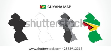 A diverse set of Guyana maps, including a black silhouette, detailed outline, political division map with regions, and a flag-themed version, ideal for educational and design purposes