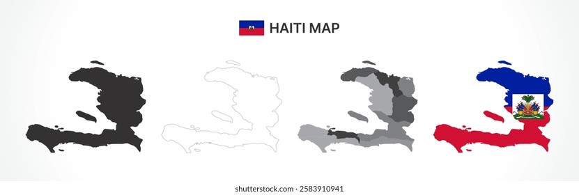 A diverse set of Haiti maps, including a black silhouette, detailed outline, political division map with departments, and a flag-themed version, ideal for educational and design purposes